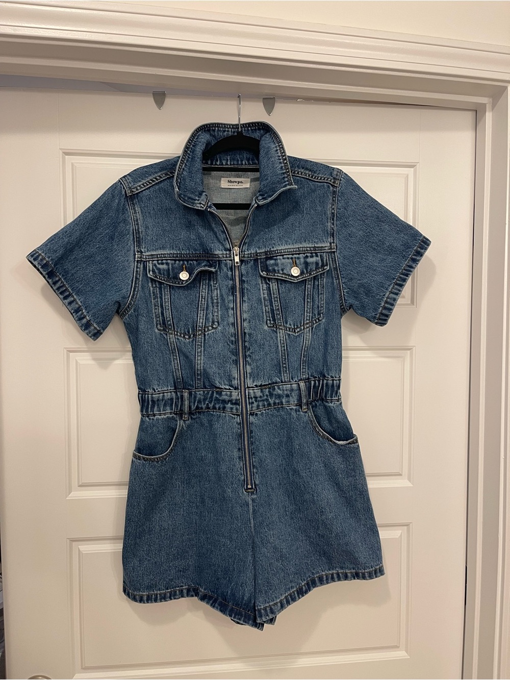 Showpo Blue Denim Short Sleeve Romper with Zip